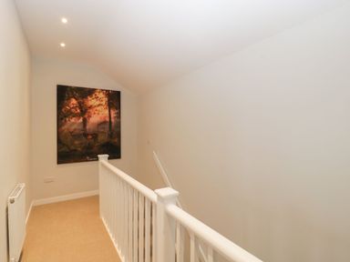 A hallway with white railing and beige carpet with a deer painting on the wall at Dirdale in Weymouth