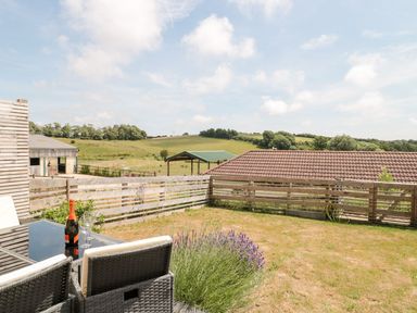 A fenced backyard with a table and chairs a bottle and glasses on the table and a grassy area with hills in the background at Dirdale in Weymouth