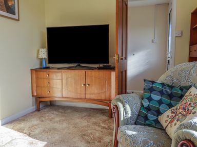 A wooden cabinet with a television and lamp beside an upholstered armchair with cushions at Broadstones in Bridport
