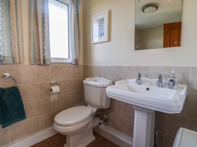 A bathroom with a toilet and a pedestal sink with soap and a mirror at Broadstones in Bridport
