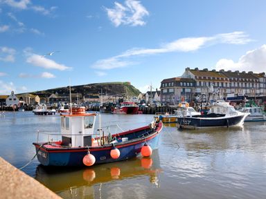 A harbor with several boats on the water and buildings along the shoreline at Broadstones in Bridport