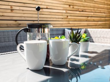 Two white mugs and a French press coffee maker on a glass table with three small potted plants behind them at Anchor House in Weymouth