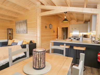 An open plan kitchen and living area with wooden walls and ceiling a dining table with chairs and a decorative lamp on top at Howgills Retreat in Gatebeck near Kirkby Lonsdale