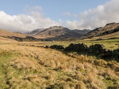A grassy field with a stone wall and hills in the background at Howgill Lodge in Gatebeck near Kirkby Lonsdale