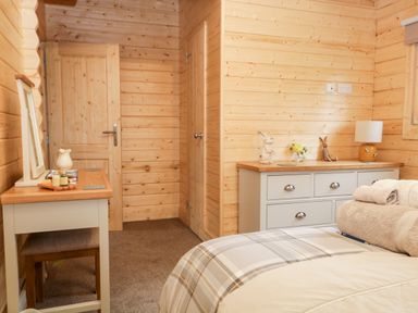 A bedroom with a bed, two dressers, a lamp, decorative items, and wooden walls at Howgill Lodge in Gatebeck near Kirkby Lonsdale