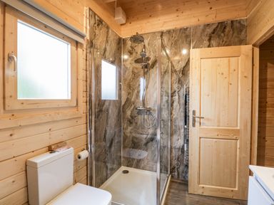 A bathroom with a shower enclosure toilet window and wooden door at Howgill Lodge in Gatebeck near Kirkby Lonsdale