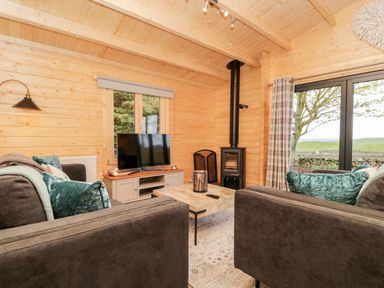 A living room with two sofas a coffee table a TV and a wood stove at Howgill Lodge in Gatebeck near Kirkby Lonsdale