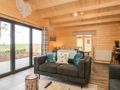 A living room with a dark grey sofa with cushions near large glass doors and a dining table in a wooden cabin at Howgill Lodge in Gatebeck near Kirkby Lonsdale