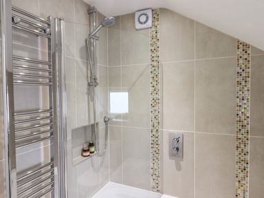 A bathroom shower area with a showerhead a glass screen a towel rail and tiled walls with vertical mosaic tile strips at Bluebell Cottage in Mary Tavy