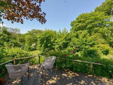 A wooden deck with two chairs and surrounding greenery at Bluebell Cottage in Mary Tavy