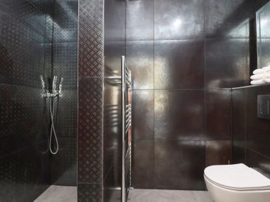 A bathroom with a shower and toilet at Ninky Nonk Bristol