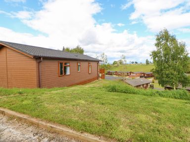 A brown wooden cabin on a grassy hill with trees and more cabins in the background at Rashierigg in Catterick North Yorkshire