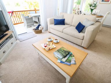 A living room with a beige sofa and blue cushions a wooden coffee table with books and cups visible at Rashierigg in Catterick North Yorkshire
