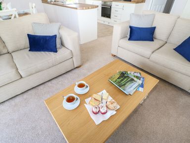 A living room with beige sofas blue and checkered cushions a wooden coffee table with tea and cakes and books Rashierigg Catterick North Yorkshire