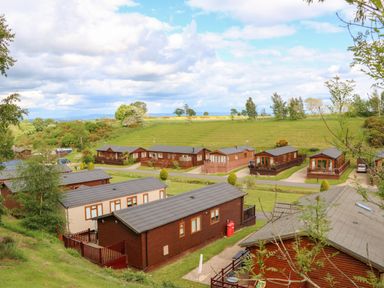 Multiple wooden lodges in a grassy area with trees and a partly cloudy sky at Rashierigg in Catterick North Yorkshire