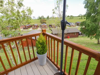 A balcony with wooden railing and a potted plant overlooking a green field with wooden lodges at Rashierigg in Catterick North Yorkshire