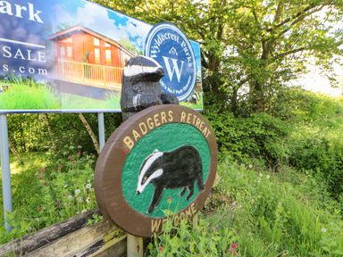 A wooden sign with a badger carving and the words Badgers Retreat in a grassy area with trees
