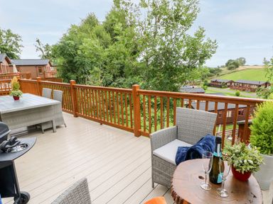 An outdoor wooden deck with wicker chairs a table holding a bottle plant and glasses overlooking green trees and cabins at Rashierigg in Catterick North Yorkshire