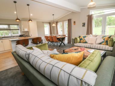 An open living room and kitchen area with sofas, cushions, a dining table with chairs, and pendant lights at Lily in Broadwoodwidger near Ashwater