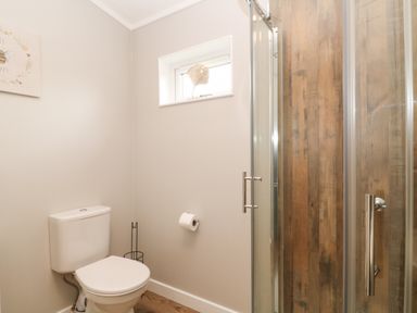 A bathroom with a toilet a shower with wooden paneling and a small window at Lily in Broadwoodwidger near Ashwater