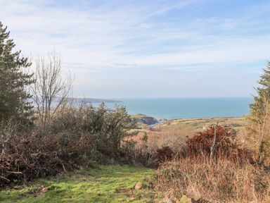 A view of the coastline with trees and bushes in the foreground at Pen y Mynydd in Newport Pembrokeshire