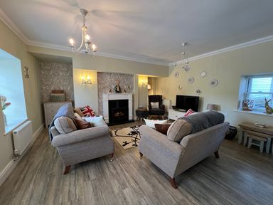 A living room with two sofas a fireplace a TV and a window at May Bell Cottage in Dersingham