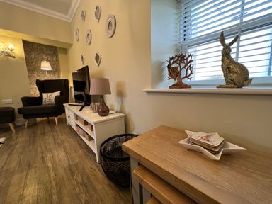 A living room with a black armchair a television on a white cabinet and wooden side tables with decorative items at May Bell Cottage in Dersingham
