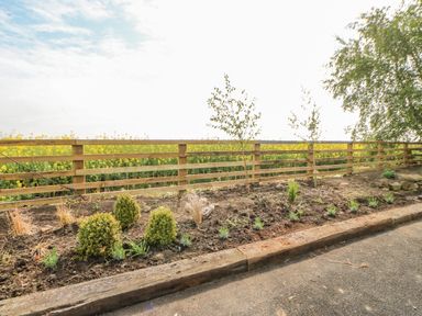 A garden bed with small bushes and young trees next to a wooden fence at Country Retreat in Ponteland