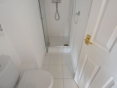 A small bathroom with a toilet and a shower with a glass door at Sea Fever in Lyme Regis