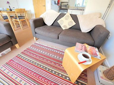 A living room with a dark sofa a wooden coffee table a patterned rug and a dining table in the background at 1 Coppers Knapp Lyme Regis