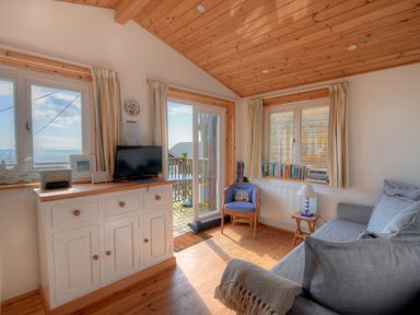 A small living room with a grey sofa blue chair bookshelf and white cabinet with a TV at St Anton in Lyme Regis
