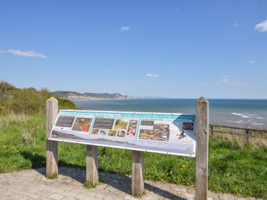 An informational sign about the Jurassic Coast World Heritage Site on a grassy area with the ocean and cliffs in the background at 3 Argyle House in Lyme Regis
