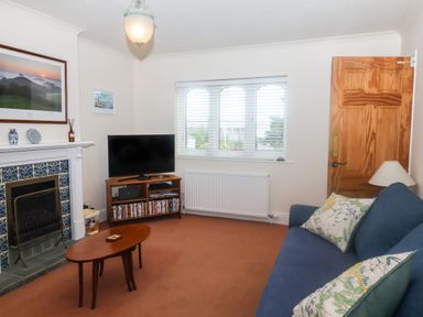 A living room with a blue sofa a wooden coffee table a television on a stand and a fireplace at 2 Kersbrook Gardens Lyme Regis