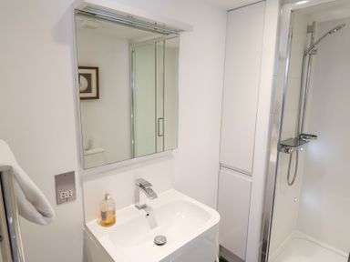 A bathroom with a sink and shower at Seagull in Lyme Regis