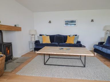 A living room with blue sofas yellow and light blue cushions a wooden coffee table and a wood burning stove at Ancient Lights in Lyme Regis
