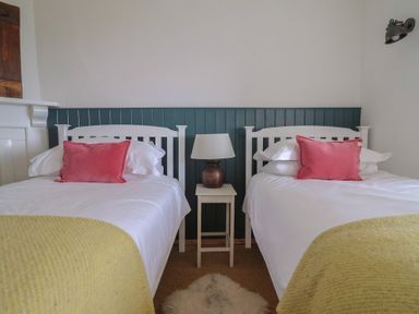 A bedroom with two white beds with pink cushions a small table and lamp in between at Ancient Lights in Lyme Regis