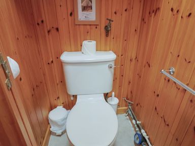 A toilet in a wooden paneled bathroom with a roll of toilet paper on top and a small trash can next to it at Grannys Teeth in Lyme Regis