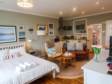 A studio apartment with a double bed a brown leather sofa a wooden chair kitchen area and flowers on a table at The Apartment at Queen Anne's Lodge Lyme Regis