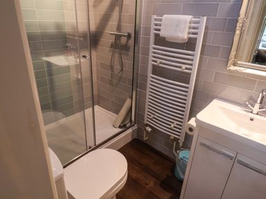 A bathroom with a shower enclosure a toilet a heated towel rail a sink with a cabinet and a mirror at The Apartment at Queen Anne's Lodge in Lyme Regis