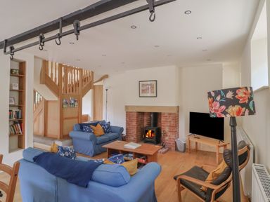 A living room with a fireplace and sofa at Yard Cottage in Rousdon