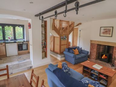 A living room with a fireplace and sofa at Yard Cottage in Rousdon