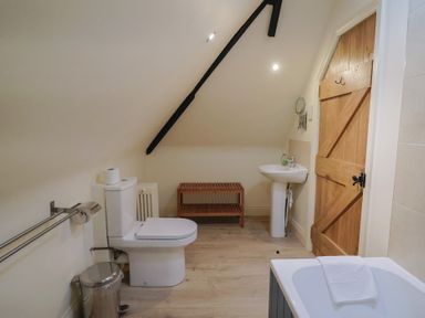 A bathroom containing a toilet, sink, and bath at Yard Cottage in Rousdon