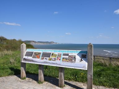 An information sign at the Jurassic Coast World Heritage Site near the ocean at Yard Cottage in Rousdon