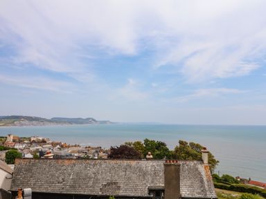 A coastal town with rooftops trees and cliffs by the sea at The Penthouse in Lyme Regis