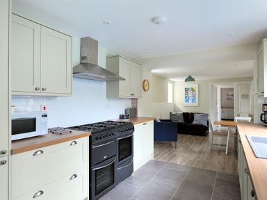 A kitchen with stove microwave sink and dining table with chairs next to a sitting area with a sofa and armchair at Mermaid House in Lyme Regis