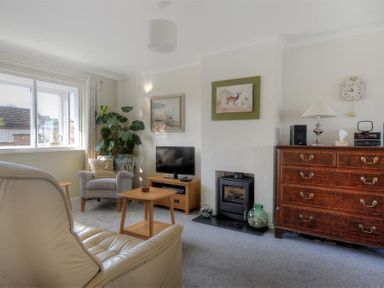A living room with armchairs a television a fireplace and a wooden dresser at Woody View in Colyton