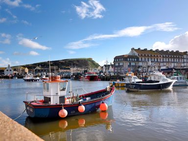 A harbor with fishing boats and buildings in the background at 2 Driftwood in West Bay