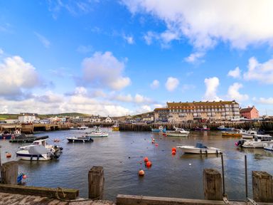 A harbor with boats moored in the water and buildings along the shore at 2 Driftwood in West Bay