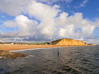 A beach with a rocky shoreline houses in the background and cliffs under a cloudy sky at 2 Driftwood in West Bay