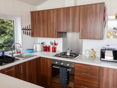 A kitchen with wooden cabinets a gas stove an oven a microwave and a sink by a window at High Bullen Lodge in Morcombelake